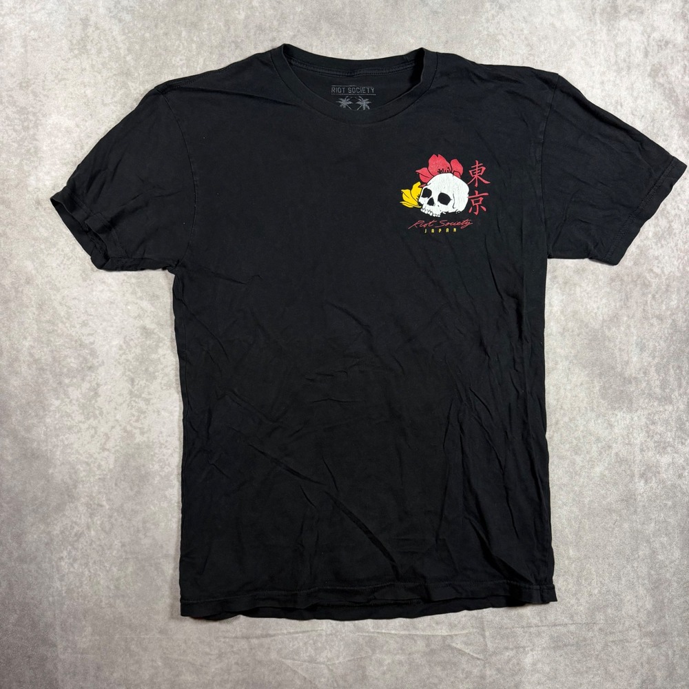 Riot Society Mens M Black Japan Skull Geisha Katana Graphic Tee Streetwear